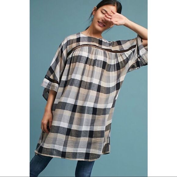 Maeve Anthropologie Plaid Kimono Tunic Dress Tie WaistTan Black Small - Picture 8 of 14